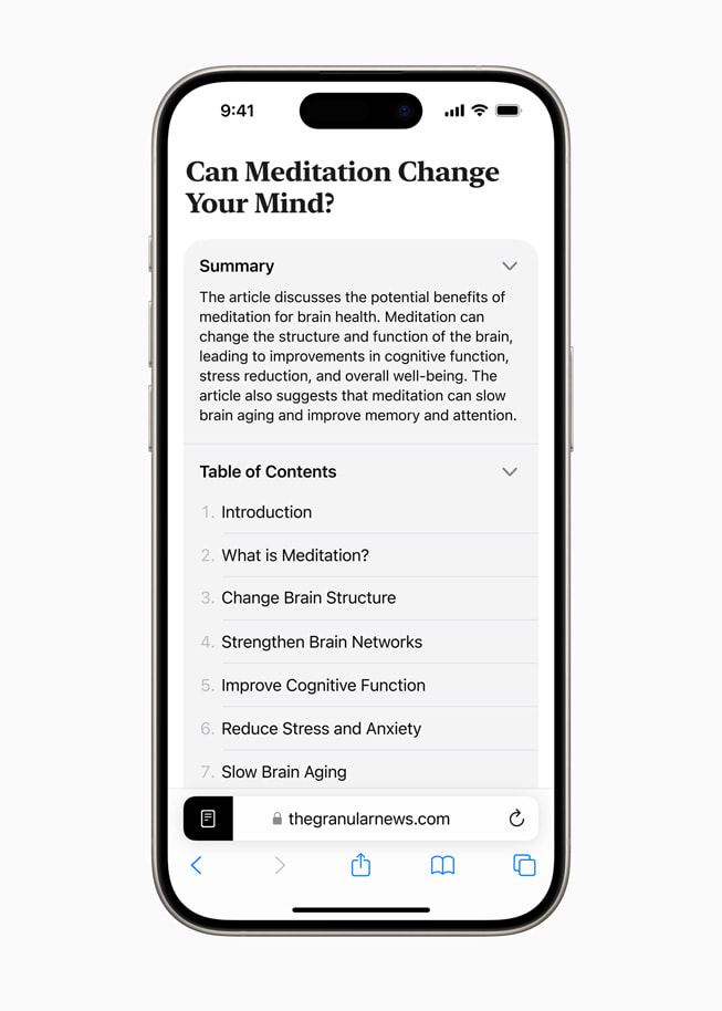 '명상이 정신 상태를 변화시킬 수 있는가'라는 글을 요약본 및 목차와 함께 보여주는 iPhone 15 Pro.