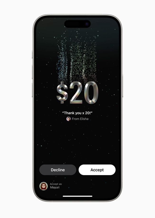Tap to Cash 기능으로 20달러를 거래하는 모습과 그 아래 '거부'와 '승인'이라고 표시된 화면상의 두 개의 버튼을 보여주는 iPhone 15 Pro.