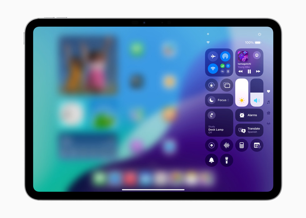 아래에 "제어 항목 추가" 프롬프트와 함께 사용자화된 제어 센터를 보여주는 iPad Pro.