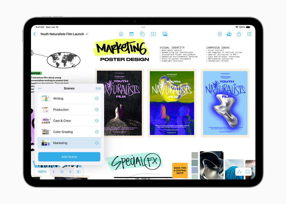 "마케팅 포스터 디자인"이라는 제목의 프로젝트를 보여주는 iPad Pro.