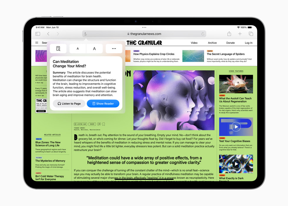 The Granular의 명상 관련 글과 요약문이 담긴 상자를 보여주는 iPad Pro. 