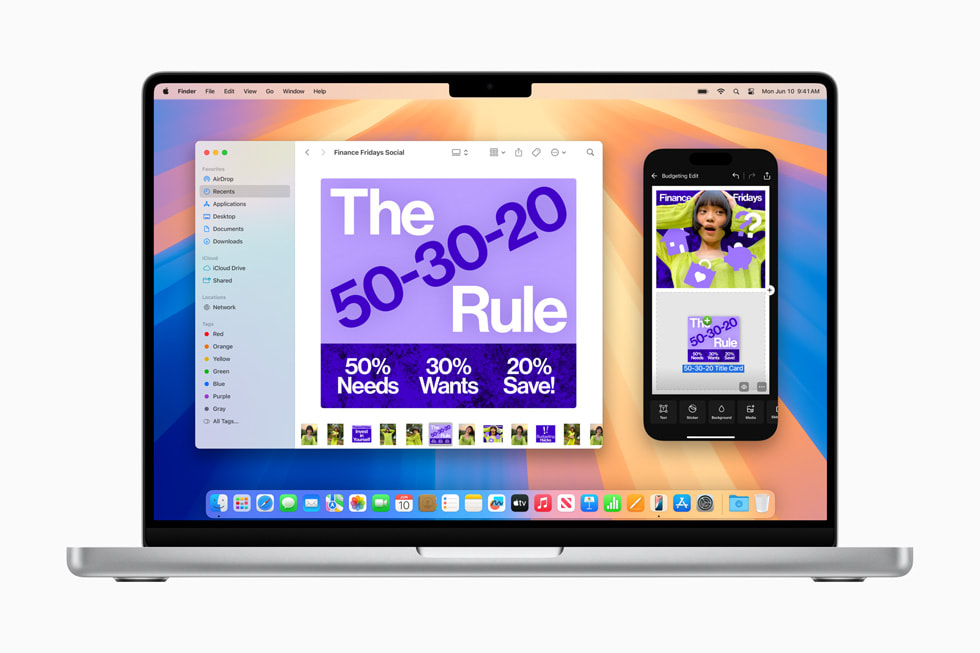 iPhone 15 Pro ile MacBook Pro arasında içerikleri sürükleyip bırakan bir kullanıcı.