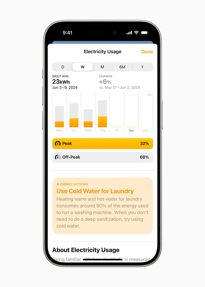 Der Bildschirm für den Stromverbrauch in der Home App auf dem iPhone 15 Pro.