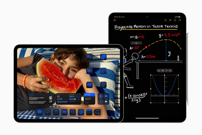 Fotoğrafta yan yana duran iki iPad’in birinde özelleştirilmiş Ana Ekran, diğerinde Math Notes gösteriliyor.