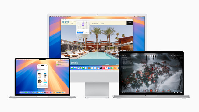 MacBook Pro’da iPhone Mirroring, Mac’te Safari’deki Highlights özelliği ve başka bir MacBook Pro’da daha etkileyici hale getirilen oyun deneyimi gösteriliyor.
