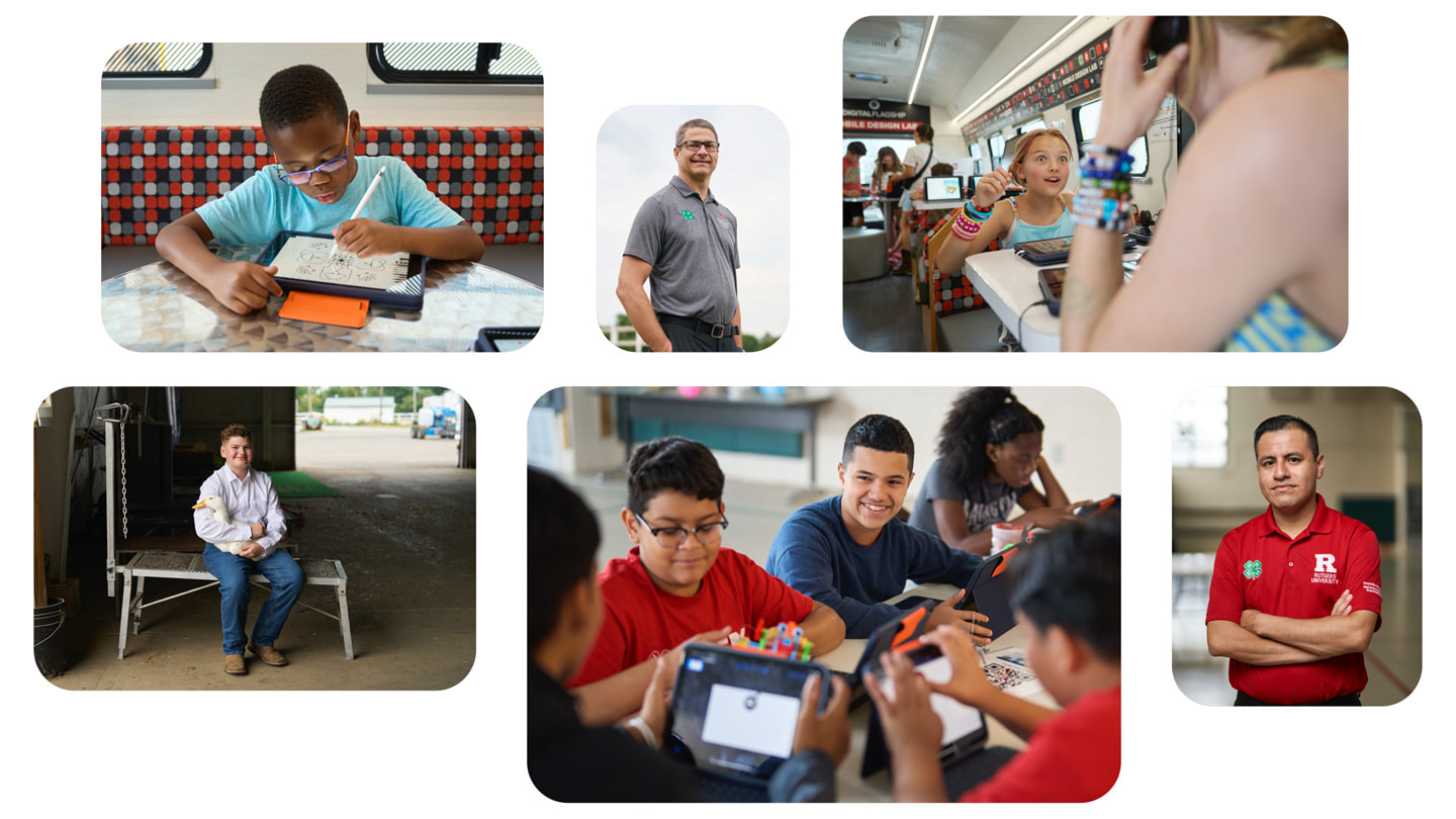 Collage de photos montrant des pédagogues de 4-H et des participantes et participants utilisant des iPad et des Apple Pencil.