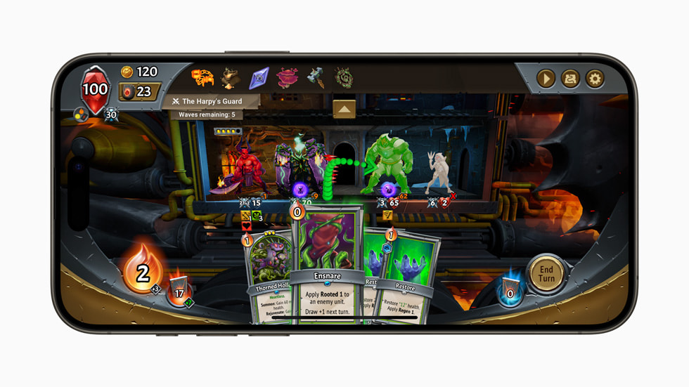 iPhone 15 Pro ekranında Monster Train+ oyunundan bir görüntü.