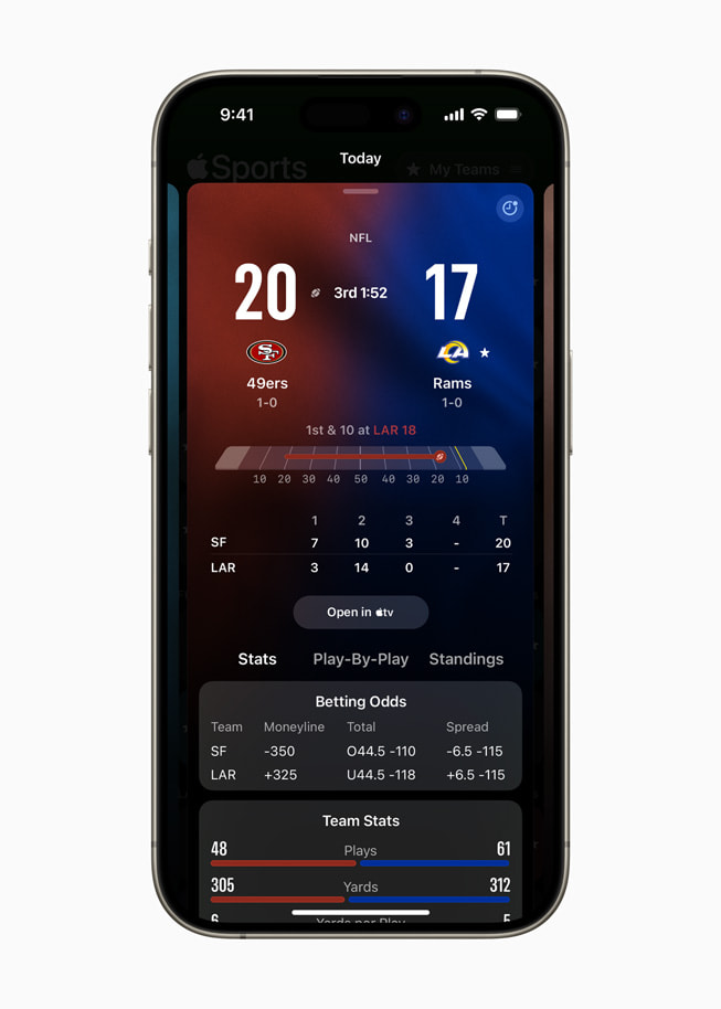 iPhone affichant un écran Apple Sports montrant un match en direct entre les 49ers et les Rams de Los Angeles, avec le pointage actuel, les cotes des paris et les statistiques des équipes.