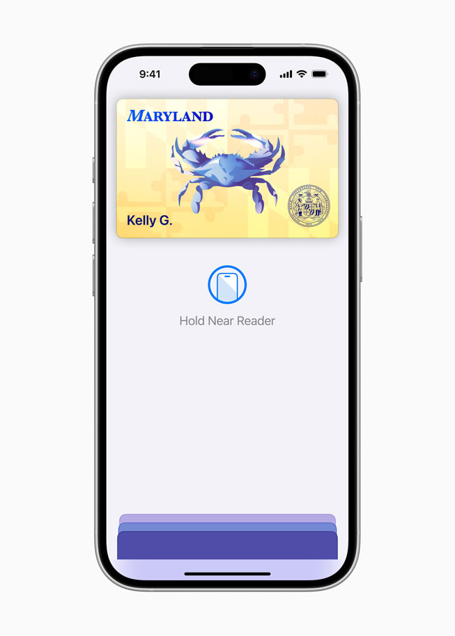 Se muestra la identificación de una usuaria de Maryland en Wallet en un iPhone 16.