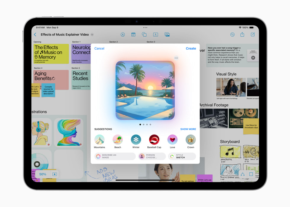 iPad Pro 11 z widokiem funkcji Image Playground, na którym pokazana jest ilustracja przedstawiająca zachód słońca.