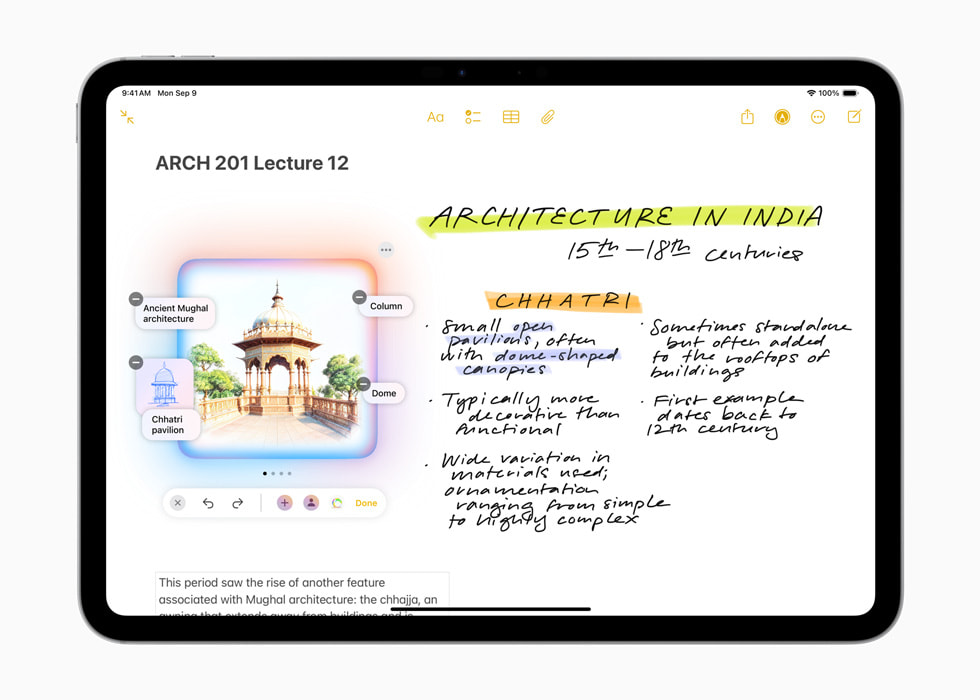iPad Pro 11 z widokiem funkcji Różdżka graficzna, który pokazuje zapisane notatki na temat architektury Indii zilustrowane rysunkiem pawilonu.