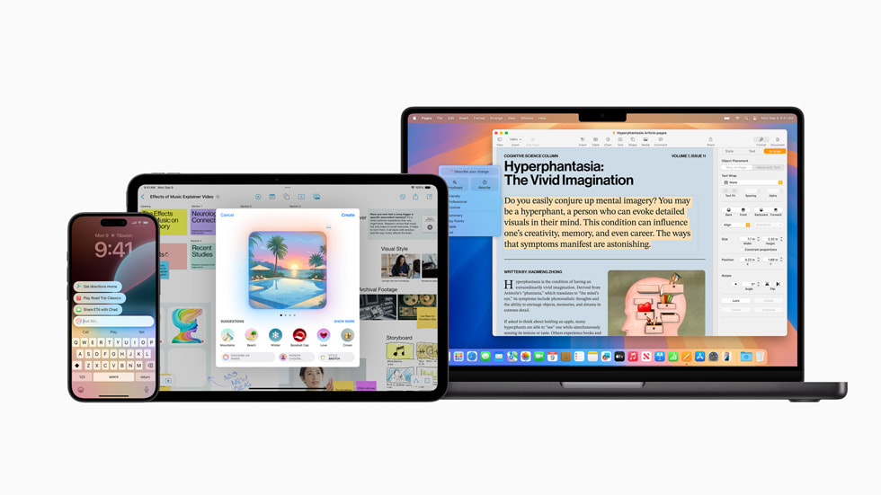 iPhone 16, iPad Pro 11 i MacBook Pro 14 wyświetlające różne widoki systemu Apple Intelligence.