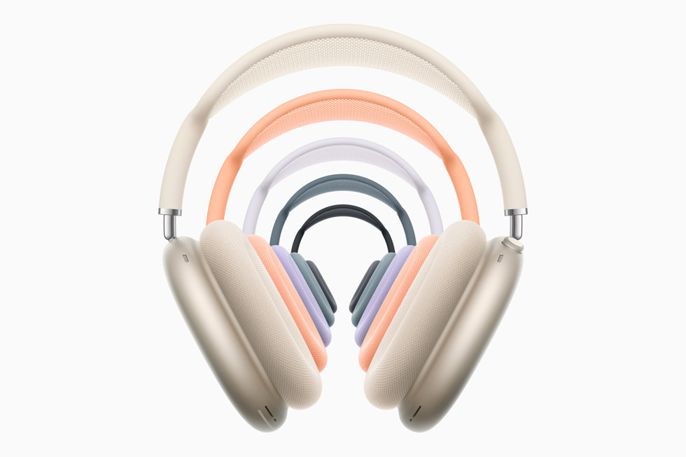 AirPods Max Modelle in Polarstern, Orange, Violett, Blau und Mitternacht.
