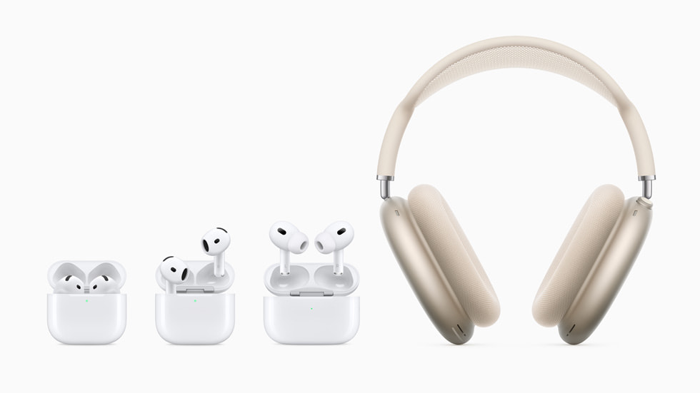 AirPods 4, AirPods 4 mit Aktiver Geräusch­unter­drückung, AirPods Pro 2 und AirPods Max in Polarstern.