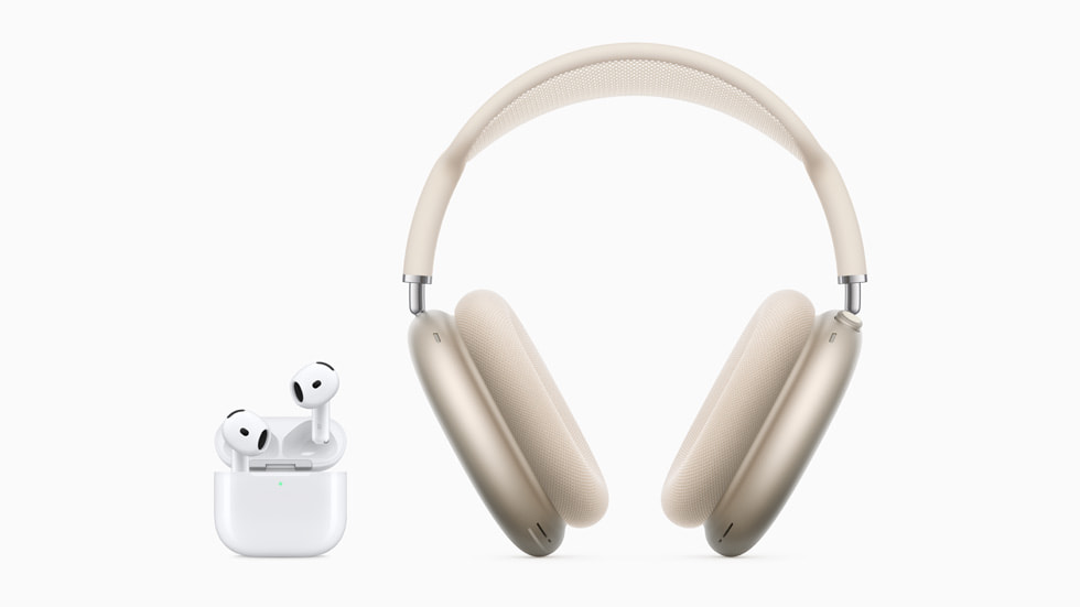 Unos AirPods 4 y unos AirPods Max en blanco estrella.