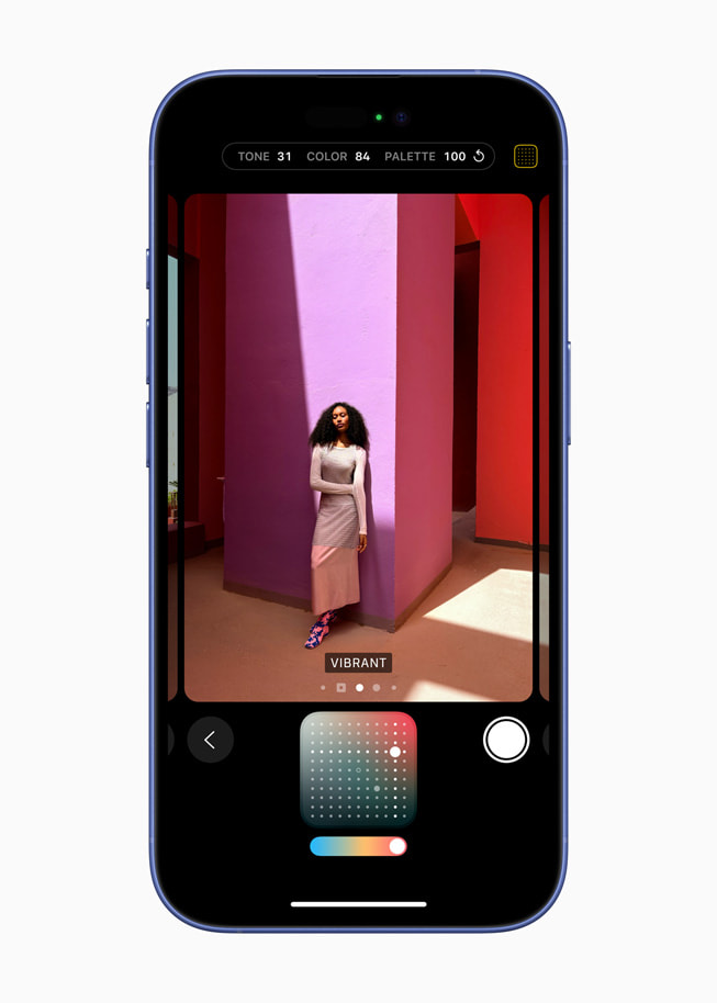 Fotografische stijlen op iPhone 16 met een bedieningsvlak onderaan het scherm.