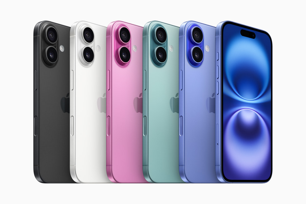 Exemplaren van iPhone 16 in zwart, wit, roze, blauwgroen en ultramarijn.