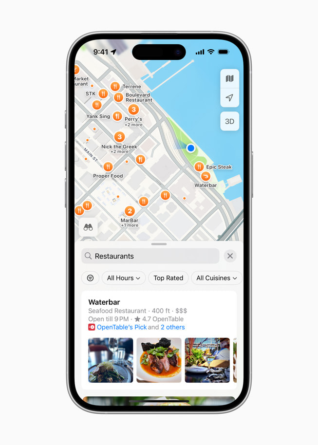 Na displeji iPhonu 16 se zobrazuje vyhledávání restaurací v aplikace Apple Mapy