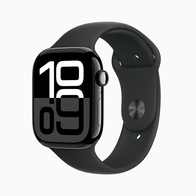 Apple Watch Series 10 i gagatsvart, den nye finishen av blank­polert aluminium.