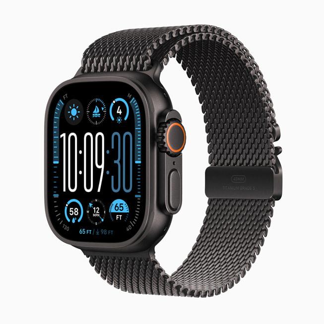 Nye Apple Watch Ultra 2 av titan i svart med Milanese Loop av titan.