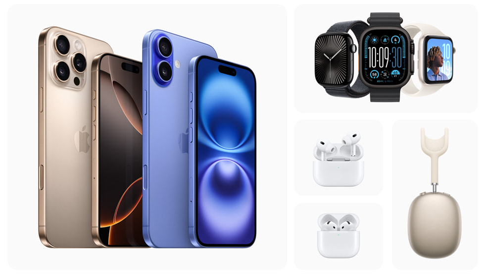 De nye iPhone-, Apple Watch- og AirPods-produktene.