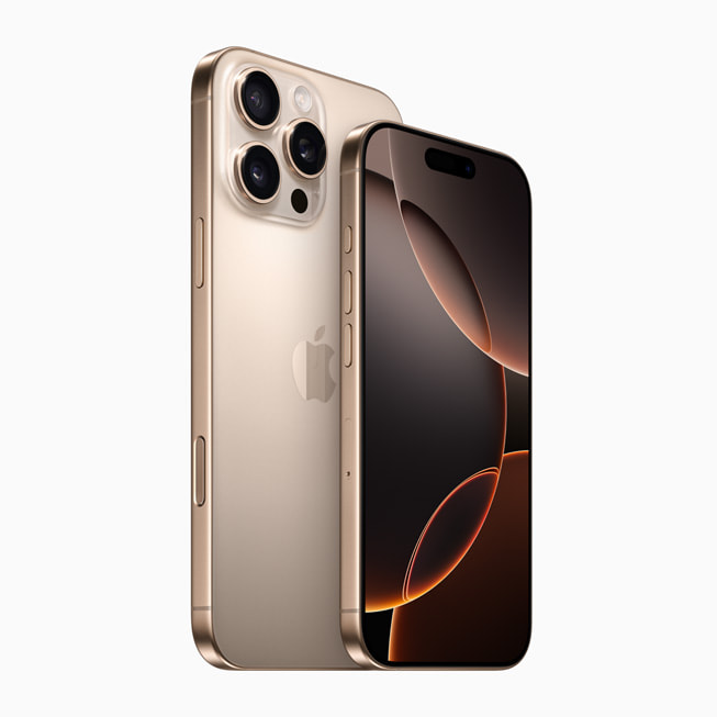 iPhone 16 Pro Max og iPhone 16 Pro i sandfarget titan