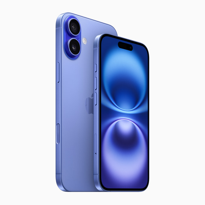 iPhone 16 Plus og iPhone 16 i ultramarin.