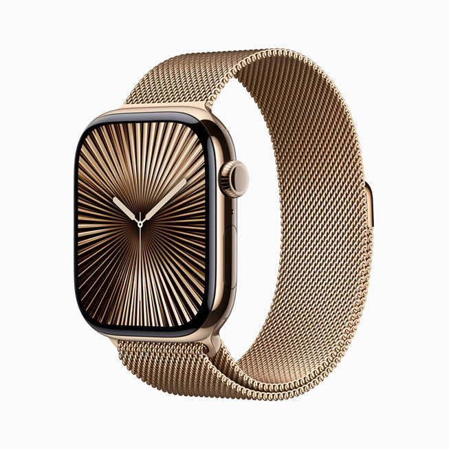 Apple Watch Series 10 av titan i gull.