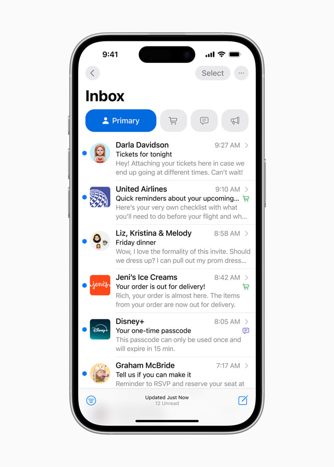 Vyn Primary i Mail för en användare visas på iPhone 16 Pro.
