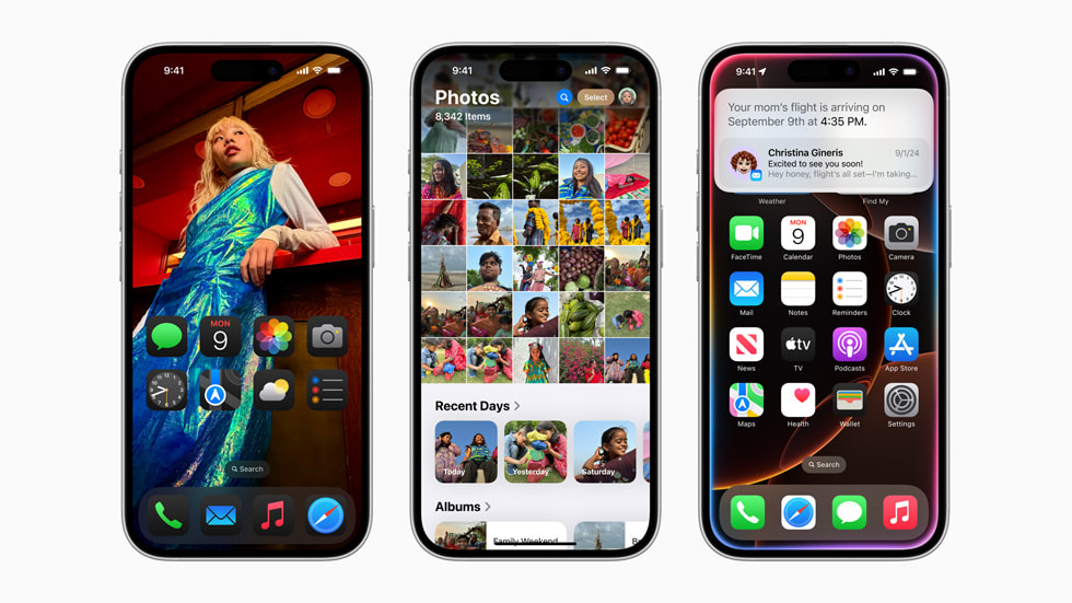 Tre iPhone 16 Pro-skärmar visar den anpassningsbara hemskärmen, den omgjorda Bilder-appen och Apple Intelligence som används av Siri.