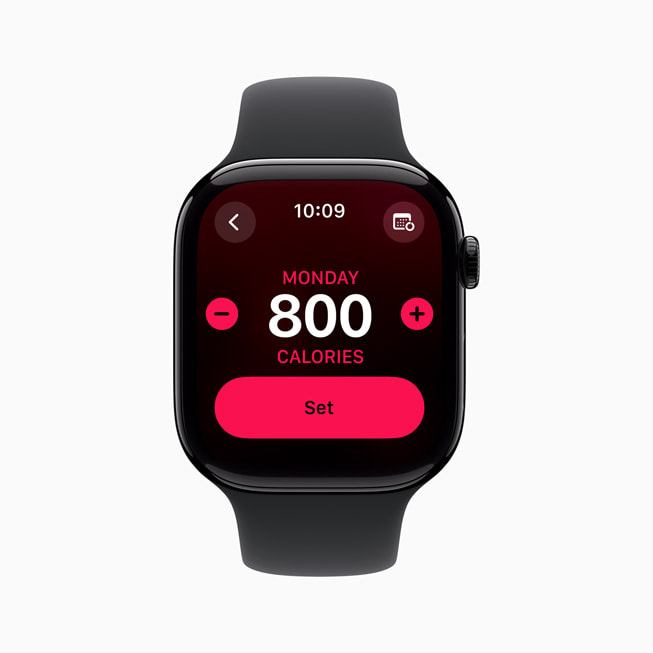 En brugers tilpassede aktivitetscirkelmål vises på Apple Watch Series 10.