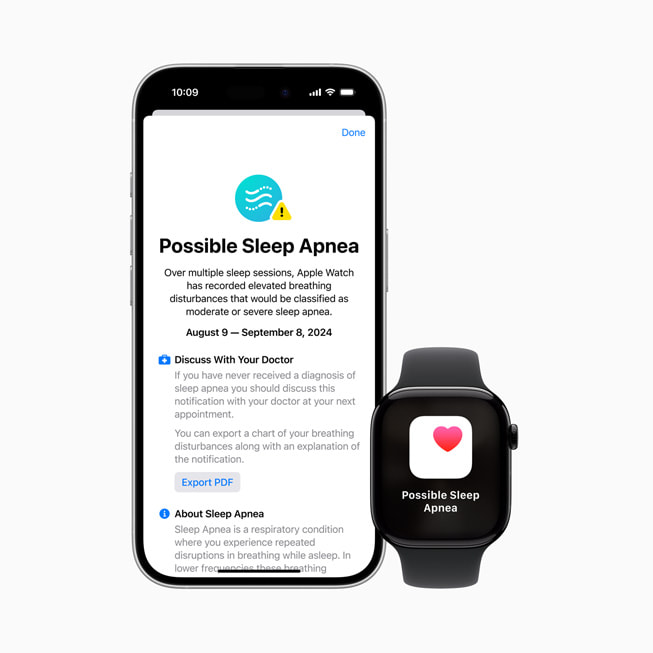 iPhone 16 Pro og Apple Watch Series 10 viser begge teksten “Mulig søvnapnø”, og på iPhone 16 Pro er der mulighed for at få flere oplysninger.