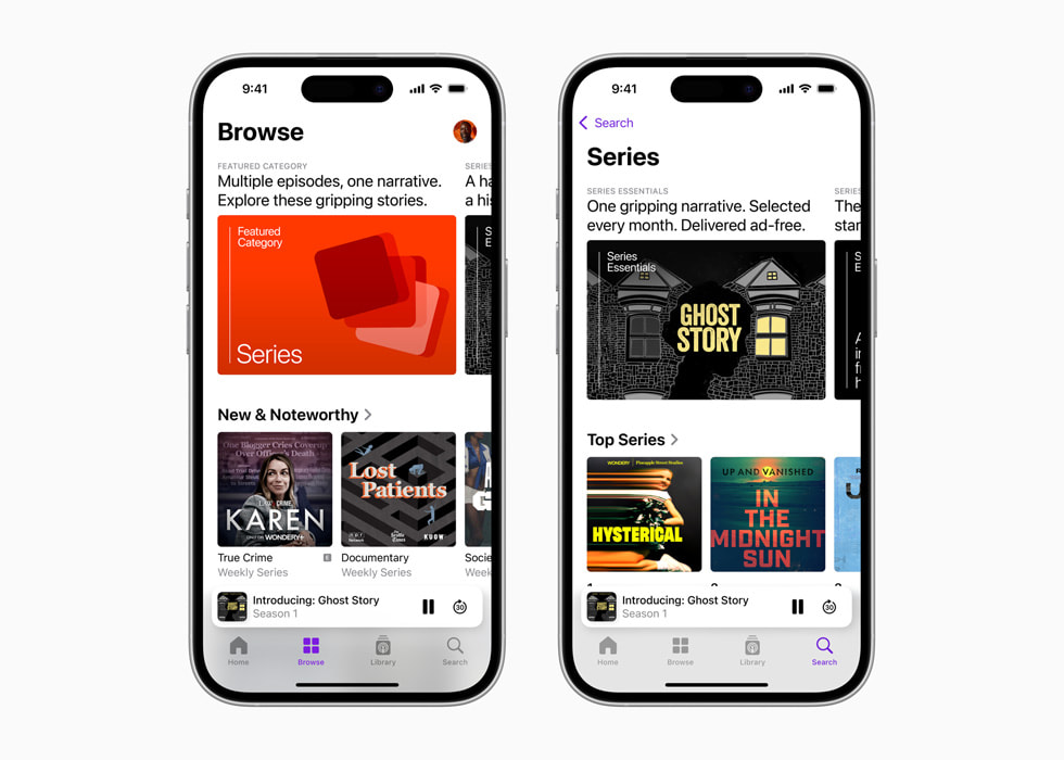 Dos dispositivos iPhone 16 muestran pantallas de Apple Podcasts con la nueva categoría Series y Series Esenciales. 