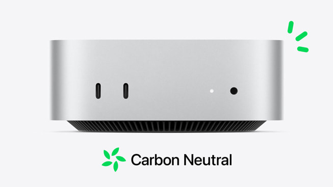 جهاز Mac mini مع شعار الحياد الكربوني.