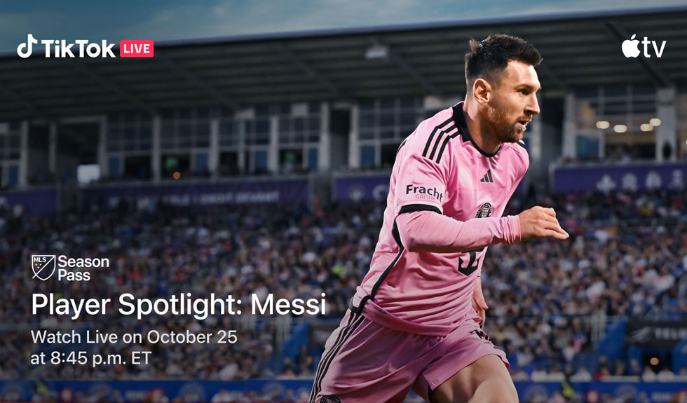 Le joueur Lionel Messi de l’Inter Miami apparaît sur un écran MLS Season Pass d’Apple TV+ annonçant la présentation en direct « Player Spotlight: Messi » sur TikTok.