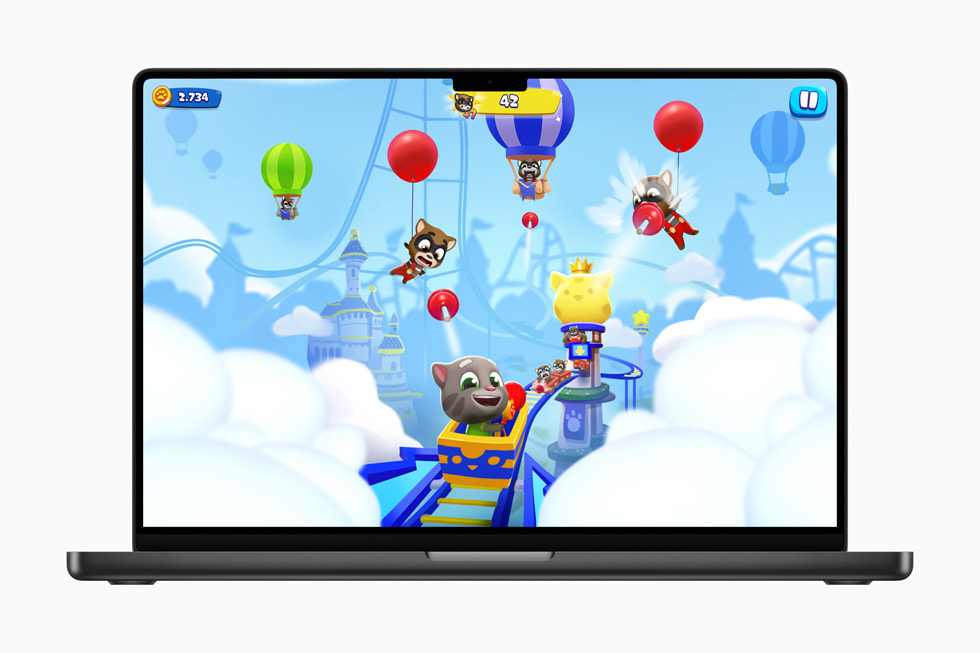 Rozgrywka Talking Tom Blast Park wyświetlona na 16-calowym MacBooku Pro.
