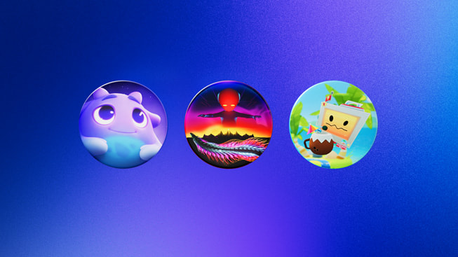 2024 Yılın Apple Vision Pro Oyunu finalistlerini temsil eden simgeler: Loóna, THRASHER ve Vacation Simulator.
