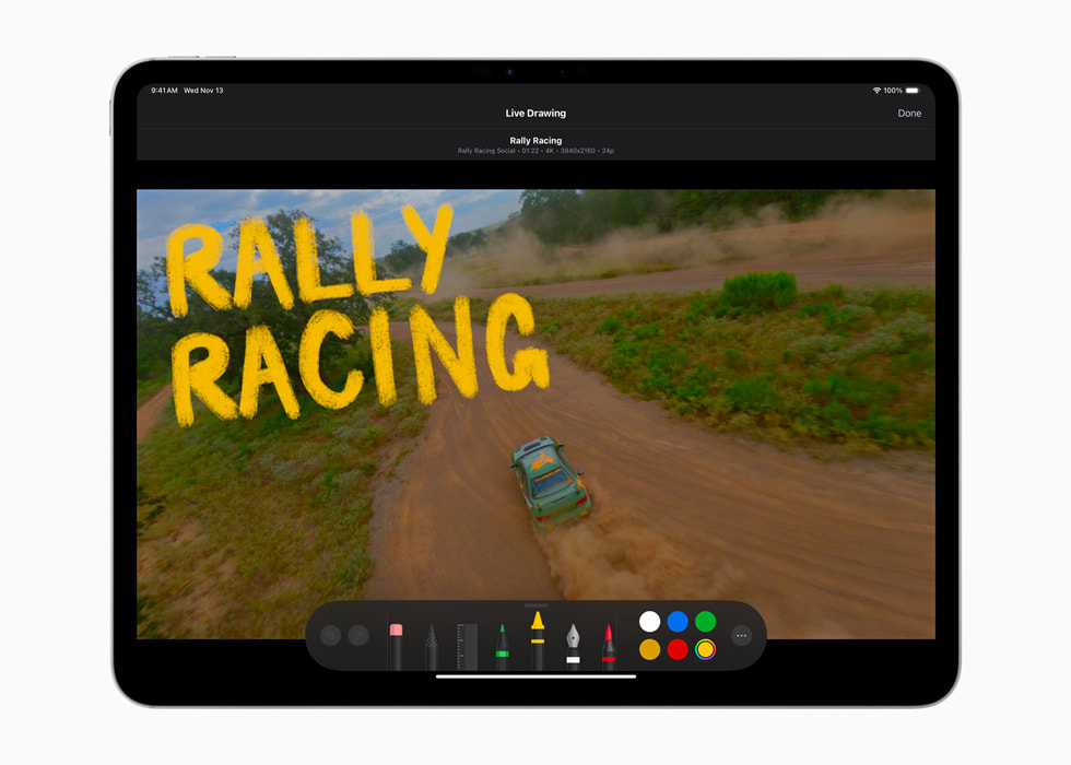 iPad Pro’da iPad için Final Cut Pro 2.1’deki Canlı Çizim özelliği gösteriliyor.