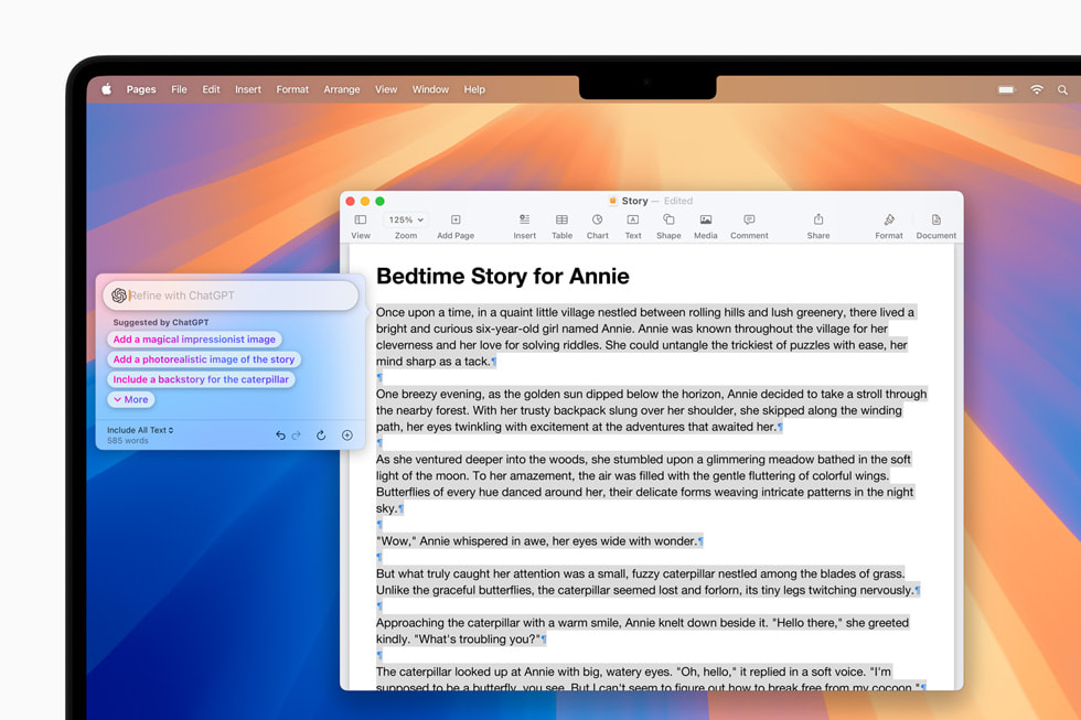 macOS Sequoia’daki Pages uygulamasında ChatGPT entegrasyonuna sahip Yazma Araçları gösteriliyor.