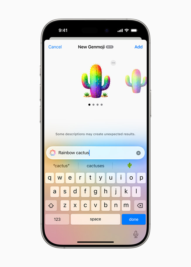 iPhone 16 Pro’da Genmoji oluşturma işlemi gösteriliyor.