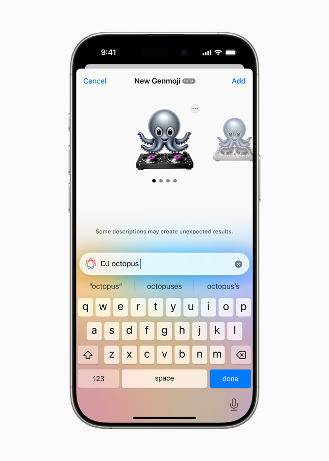 iPhone 16 Pro’da DJ’lik yapan ahtapot Genmojisi gösteriliyor.