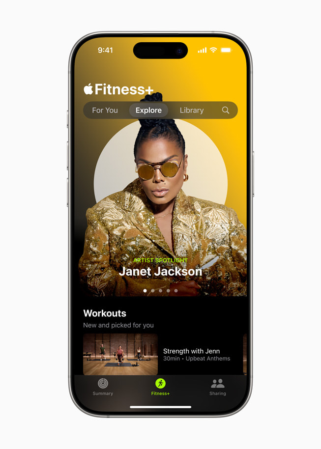 La séance Artiste à l’honneur consacrée à Janet Jackson est affichée dans Apple Fitness+ sur un iPhone 16. 