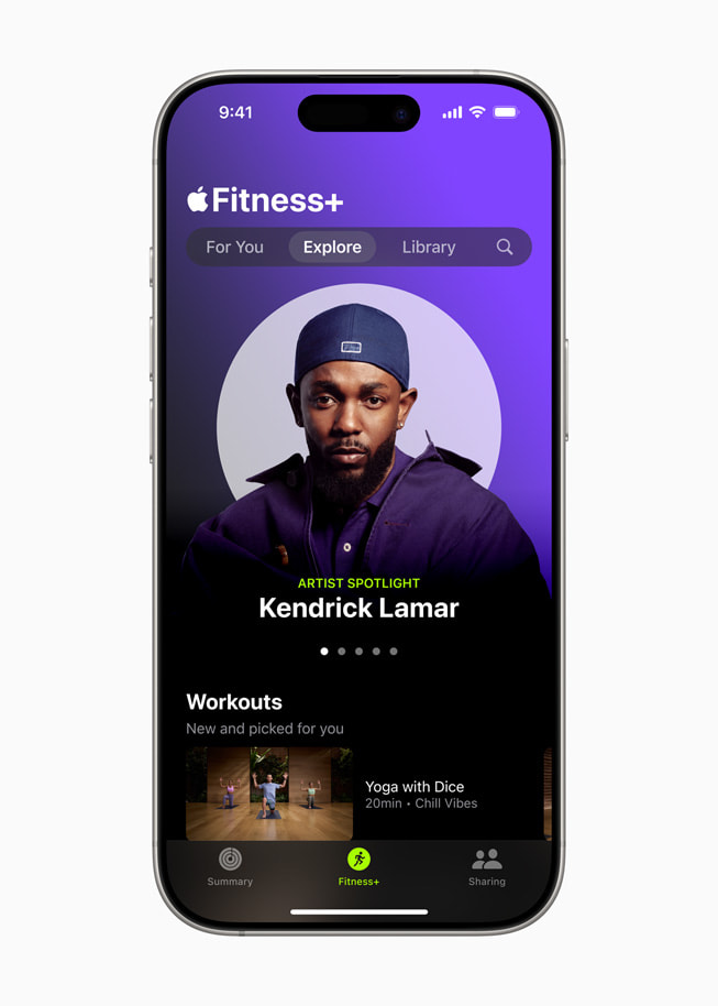 La séance Artiste à l’honneur consacrée à Kendrick Lamar est affichée dans Apple Fitness+ sur un iPhone 16. 