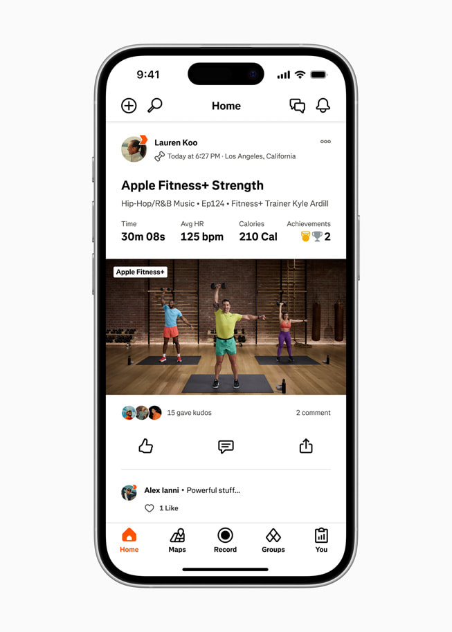 La séance de renforcement musculaire d’un utilisateur Apple Fitness+ est affichée dans l’app Strava sur un iPhone 16.