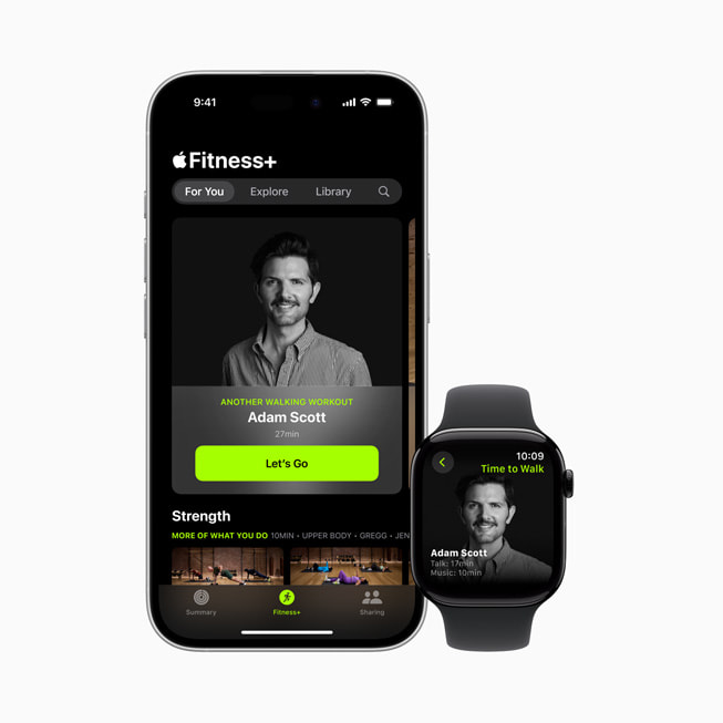 L’épisode Marchez d’Adam Scott est affiché dans Apple Fitness+ sur un iPhone 16 et une Apple Watch.