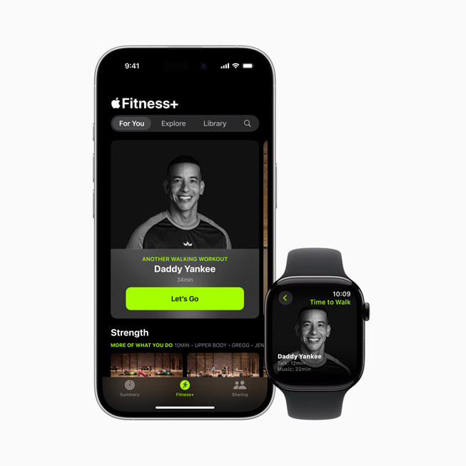 L’épisode Marchez de Daddy Yankee est affiché dans Apple Fitness+ sur un iPhone 16 et une Apple Watch.
