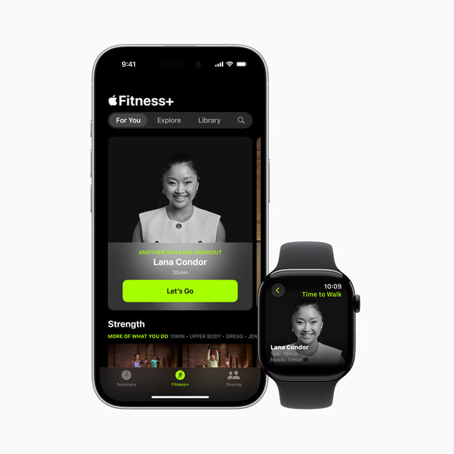 L’épisode Marchez de Lana Condor est affiché dans Apple Fitness+ sur un iPhone 16 et une Apple Watch.