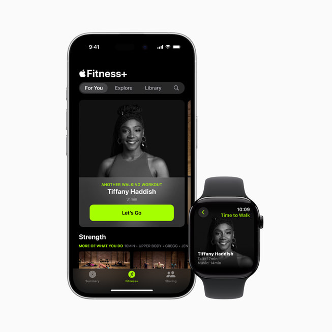 L’épisode Marchez de Tiffany Haddish est affiché dans Apple Fitness+ sur un iPhone 16 et une Apple Watch.
