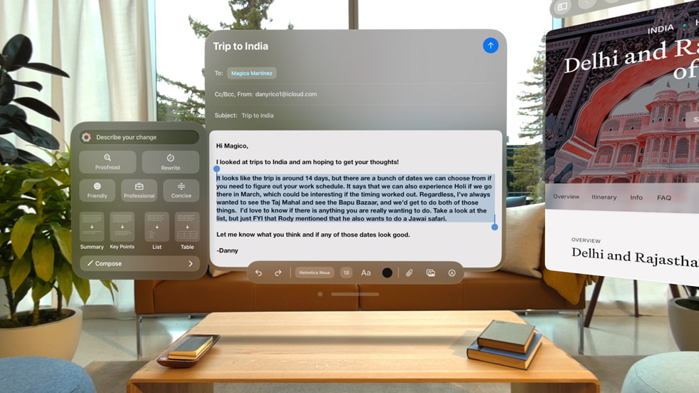 تظهر أدوات الكتابة المدعومة بنظام Apple Intelligence على Apple Vision Pro.