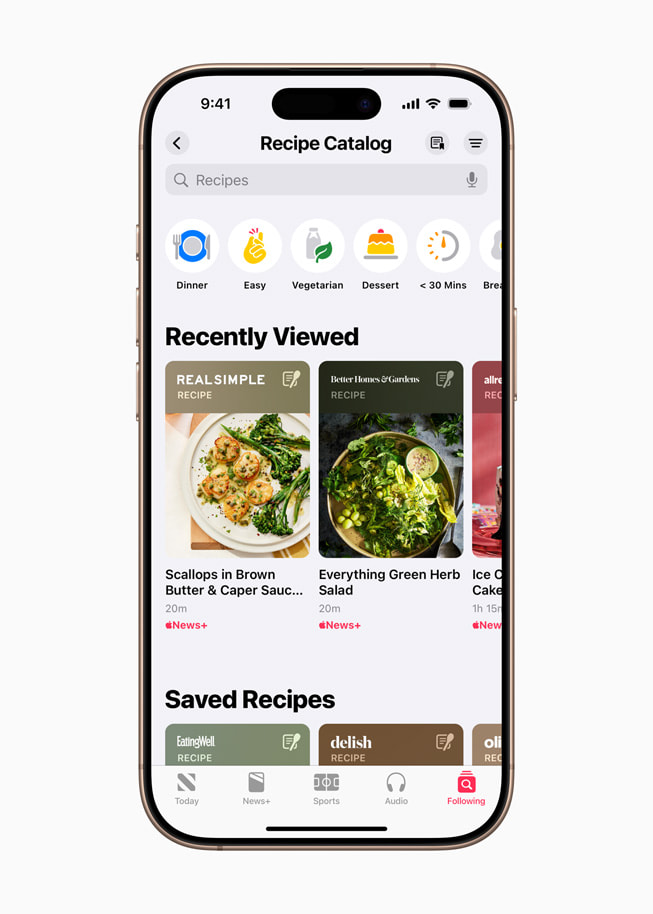 The recipe catalogue in the new Food section in the Apple News app. 